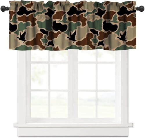 Duck Hunter Camouflage Valance, Rustic Vintage Green Black Camo Wild Animal Ducks Print Blackout Short Window Curtain for Kitchen Bedroom Livingroom, 54x18inch - color: Camo-8