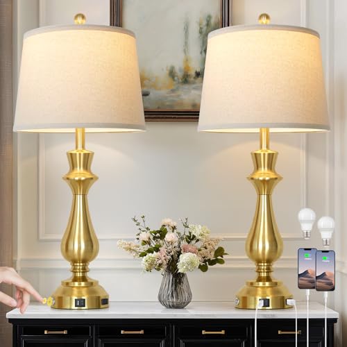 Cinkeda Touch Lamps for Night Stands Set of 2-29.5" Tall Bedside Lamp with USB C+A, 3 Way Dimmable Bedroom Lamps, Gold Metal Table Lamps for Living Room - color: Gold