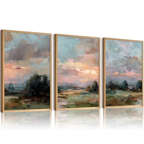 Youillne Vintage Landscape Wall Art Abstract Nature Canvas Wall Decor Rustic Pictures Sunrise Scenery Painting Farmhouse Prints Country Posters for Bedroom Living Room 16x24 Inch Unframed Set of 3 - color: Landscape - Prints, size: 16x24 Inch
