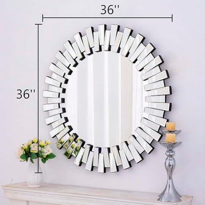 Chende Modern Decorative Round Mirror, 36'' x 36'' with Beveled Glass Frame, for Living Room, Entryway, Dining Room - size: 36"L x 36"W