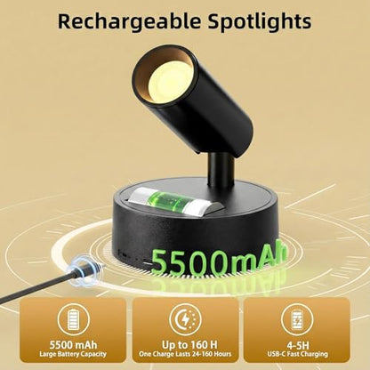 Spotlights Indoor with Remote & Touch Dimmable 3CCT, 5500mAh Battery Picture Lights Uplights Indoor with Timer, Mini Uplighting for Painting Tree Wall Gallery Hallway Lights(2 Pack) - color: 2 x Black
