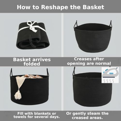 XUANGUO 66L Large Blanket Basket, Round Cotton Rope Basket, Black - color: black