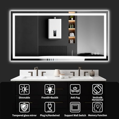 30"x48" LED Bathroom Mirror with Lights | Dimmable，Anti-Fog，Bathroom Vanity Mirror for Wall, Backlit + Front Lit, Memory Function, Shatter-Proof, Tempered Glass - size: 30"L x 48"W