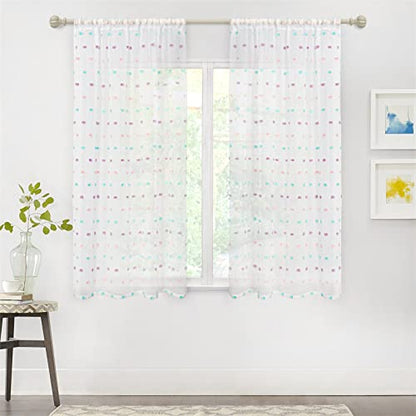 MYSKY HOME Rainbow Pom Pom Curtains for Girls Bedroom 45 Inches 2 Pieces - color: Rainbow Pom Pom, size: 36"W x 45"L (Pack of 2)