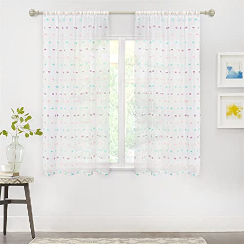 MYSKY HOME Rainbow Pom Pom Sheer Curtains for Small Windows 45 Inch Pack-2 - color: Rainbow Pom Pom, size: 50"W x 45"L (Pack of 2)