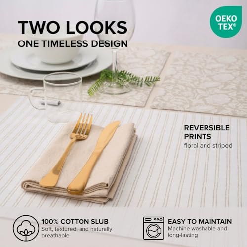 Cotton Placemats Set of 6-13x19 Inch, Reversible Floral Printed Placemats, Durable & Elegant for Dining Table, Wedding, Restaurant, Oeko-TEX Certified - Beige - color: Floral Printed Beige - Reversible Printed