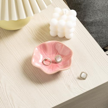 Ceramic Ring Dish, Jewelry Trinket Tray for Rings and Earrings - color: Pink Surface
