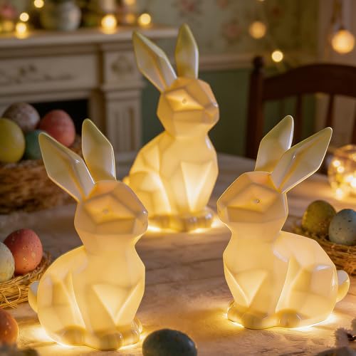NEROSUN 3 Pack Easter Bunny Decorations, Ceramic White Rabbit Statues Ornaments, Lighted Bunny Table Centerpiece for Easter Party, Spring Home Decor and Shelf Display