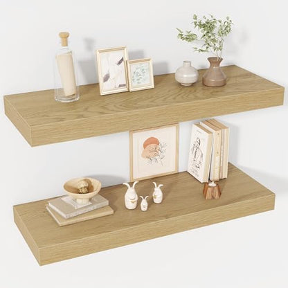 Acovy 30 Inch Floating Shelves, 12" Deep Floating Shelf Wall Mounted, 30" Wall Shelves, Rustic Deep Bookshelf, Extra Deeper & Thicker Display Shelves for Bedroom, Living Room, Oak, Set of 2 - color: Oak, size: 12"Wx30"L-2pcs