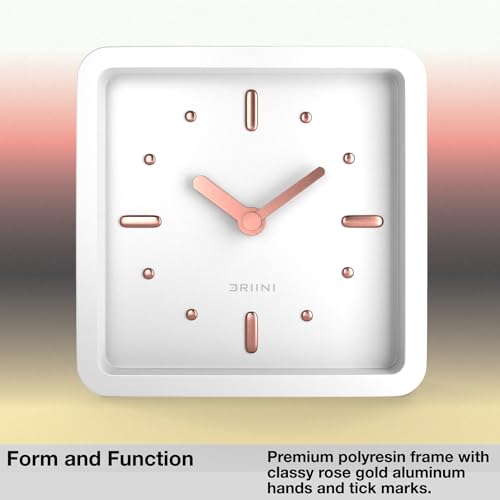 Driini Small Square Modern Desk Clock – Silent Analog, White and Rose Gold - color: White