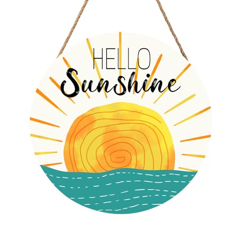 Summer Wreaths for Front Door Hello Sunshine Welcome Sign Summer Sunshine Decoration Wooden Door Hanger Sunset over Sea Farmhouse Hanging Plaque Sign for Home Porch Indoor Outdoor Outside 12”x12” - color: Hello Sunshine-Welcome