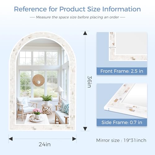 Tanmicoshomy Arched Mirror 24x36 Inch for Bathroom with Shell Frame - size: 36"L x 24"W