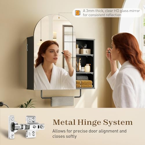 RALGEND Arched Bathroom Medicine Cabinet Mirror with Storage, Modern Arch Mirrored Cabinets, Wall-Mounted Vanity with 2 Adjustable Shelves & Towel Bar, Not Recessed, Black - color: Black