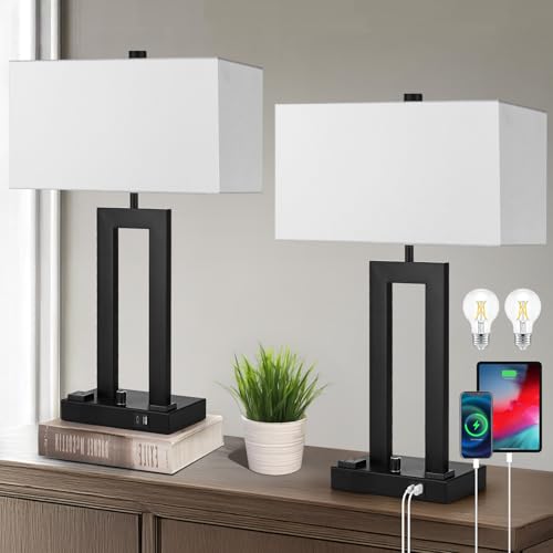 22" Table Lamps for Bedroom, Modern Bedside Lamps with Charging Ports - color: White