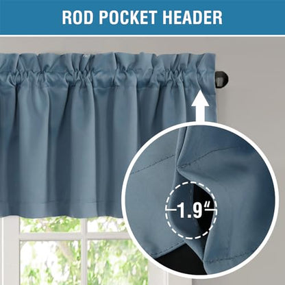 H.VERSAILTEX 100% Blackout Valances for Windows,Short Kitchen Valances and Curtain Set, Privacy Bathroom Tiers for Small Windows, 2 Pairs, 52" x 18", Stone Blue - color: Stone Blue