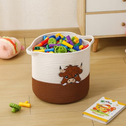 Highland Cow Cute Basket for Nursery, Woven Cotton Rope Storage Basket for Kids, Baby Blanket Organizer with Handles, Storage Basket for Blanket Towel Toys Clothes, Highland Cow Decor, Medium - color: Cow, size: Medium