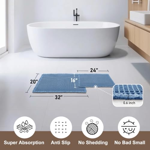 JIUZHEN Set of 2 Waffle Bath Mats Boho Bath Rugs 16"x24"+20"x32", Blue - color: Blue, size: 16"x24" + 20"x32"