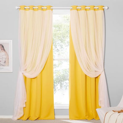 Lemon Yellow Blackout Curtains with White Sheer Overlay for Girls Bedroom - color: Lemon Yellow, size: 52"W x 84"L (Pack of 2)