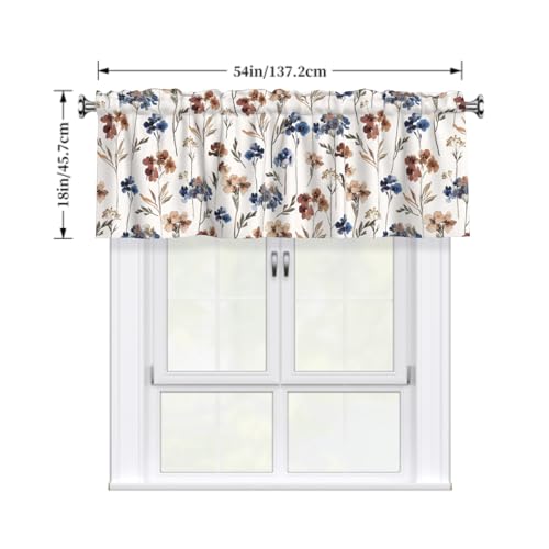 Blue and Brown Floral Kitchen Valance - Farmhouse Style Sheer Valance, 1 Panel, 54 x 18 Inch - color: Blue and Brown