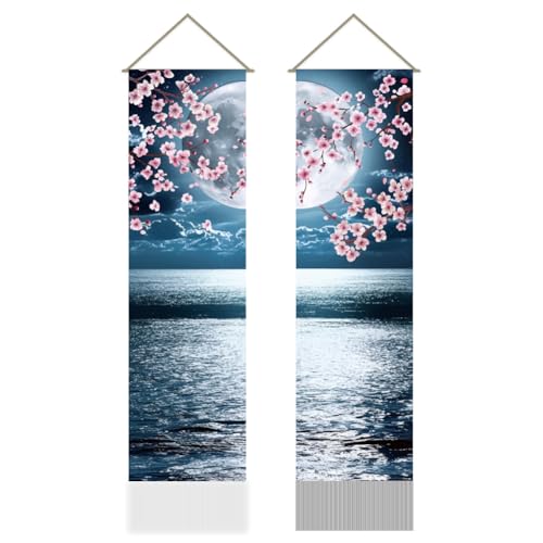 AHANDMAKER 2Pcs Japanese Anime Scenery Tapestry, Ocean Moon Cherry Blossom Vertical Wall Hanging, Tassel Wall Aesthetic Tapestry for the Living Room, Wall Decor Entry(45.7x13 Inch) - color: Ocean Moon