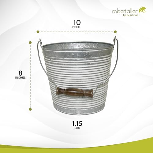 Headwind Vintage Collection Ribbed Planters – Metal Flower Pot & Decorative Bucket Planter, Rustic Metal Outdoor Planter with Drainage Hole for Indoor Plants & Outdoor Garden Décor by Robert Allen - color: Galvanized W/ White Wash, size: 10"
