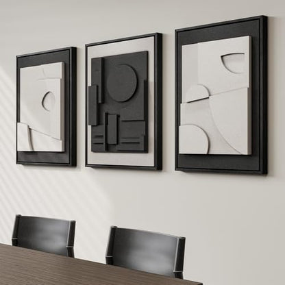 3D Textured Framed Black and White Abstract Wall Art Set of 3, 16x24 In - color: Black and White, size: 16"w X 24"h X 3pcs