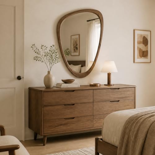 Asymmetrical Irregular Solid Wood Framed Wall Mirror, 24"x36" - color: Walnut, size: 36"L x 24"W