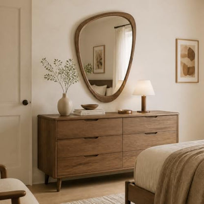 Asymmetrical Irregular Solid Wood Framed Wall Mirror, 24"x36" - color: Walnut, size: 36"L x 24"W