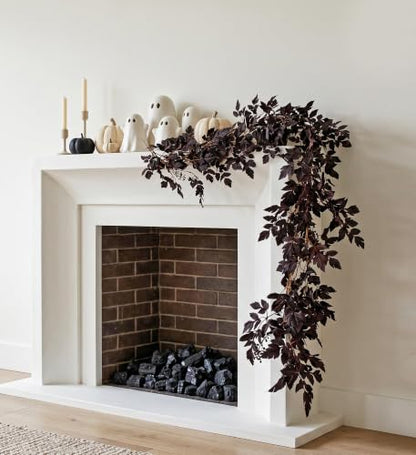Hollyone 2 Pack Fall Garland 6FT Artificial Plum Cimicifuga Seeded Leaf Garlands Faux Purple Leaves Fall Foliage Autumn Garland for Mantle Fireplace Thanksgiving Halloween Home Indoor Outdoor Decor