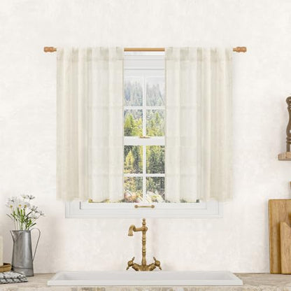 LAMIT Semi Sheer Linen Curtains 40 Inch Length for Cafe, Natural, 2 Panels - color: Natural, size: 25"W x 40"L (Pack of 2)