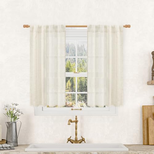 LAMIT Semi Sheer Linen Curtains 40 Inch Length for Cafe, Natural, 2 Panels - color: Natural, size: 25"W x 40"L (Pack of 2)