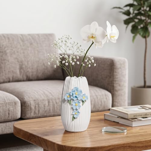 White Ceramic Vase, Boho Vase for Flower, 9 Inch - color: White and Light Blue, size: 9 inch