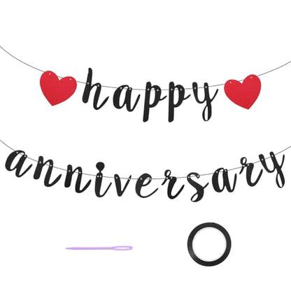 Black Happy Anniversary Banner, Anniversary Party Decorations