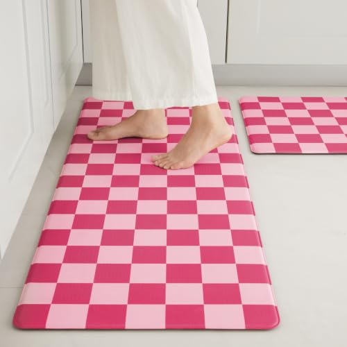Ohocut Pink Coral Checkered Kitchen Mats for Floor Set of 2, 2 Pcs Cushioned Non Slip Runner Rugs for Kitchen/Sink/Laundry, Comfort Aesthetic Cute Anti-Fatigue Foam Floor Mat 17.3"x29.5"+17.3"x47.2" - color: Coral