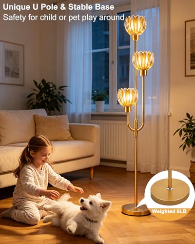 Modern Glass Floor Lamp 66IN 3-Light Amber Glass Gold Dimmable Floor Lamps - color: Amber Lotus-Gold