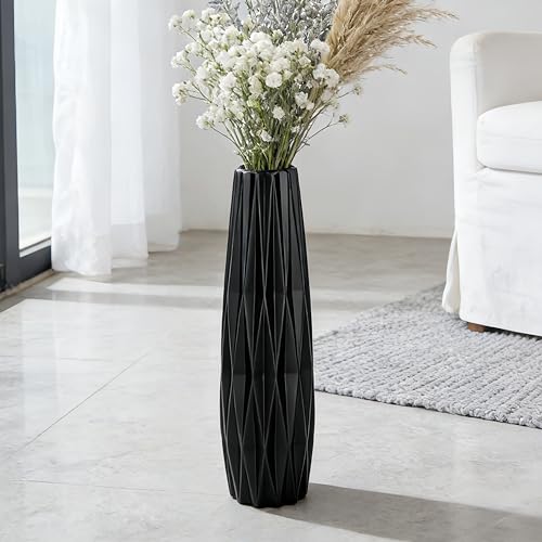 Black Tall Ceramic Floor Vase, 15.7 Inch, Ribbed Design - size: 15.7 Inch