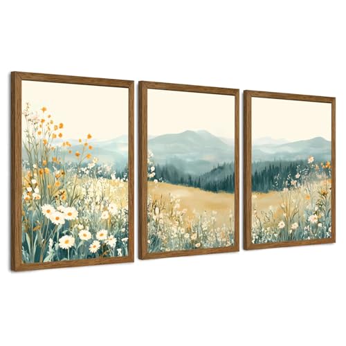 AVECCO 3 Pieces Wildflower Meadow Mountain Framed Canvas Wall Art 16x24 in - color: Mountain flowers, size: 24"L x 16"W