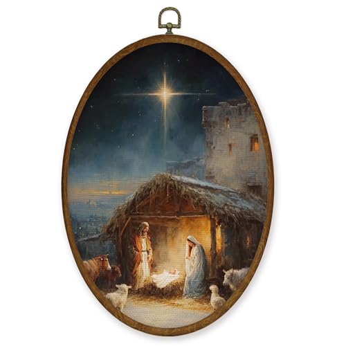 WULQYING Vintage Nativity Christian Christmas Wall Art Decor, Christian Oval Framed Canvas Art Prints, Religious Jesus Bible Verse Wall Hanging Decor for Home Bedroom Church, 8.6x11.4 Inches - color: Color 20
