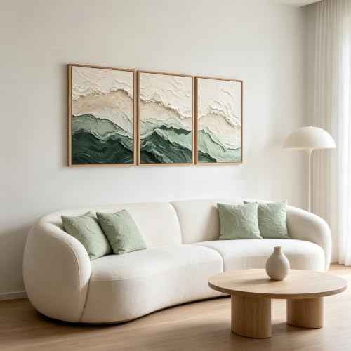 Aurlan 3D Textured Green Abstrcat Ocean Framed Canvas Wall Art 16x24 Inch - color: Green Beige (3D Textured), size: 16"L x 24"W