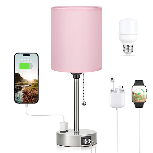Small Bedside Table Lamp for Bedroom - Desk Lamp with USB Ports for Dorm - color: Pink-Silver, size: 14.6 in