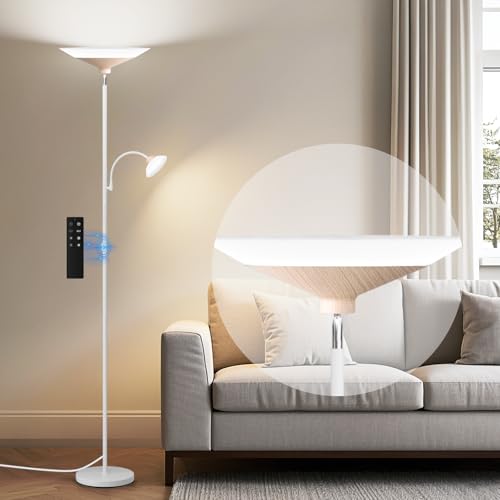 SIBRILLE Torchiere Floor Lamp with Wood Grain Shade, 72" Dimmable LED Standing Lamp with Remote, 2-in-1 Floor Reading Lamp with Color Changing, 34W White Corner Lamp for Living Room Bedroom Office - color: Wood Grain