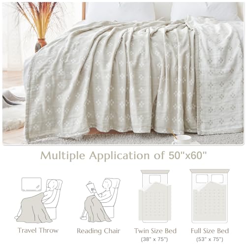 jinchan 100% Cotton Muslin Blanket Twin Boho Throw Blanket 50x60 Oatmeal - color: B. Cross Grey, size: 50"x60"