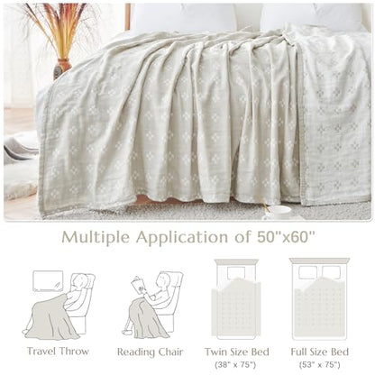 jinchan 100% Cotton Muslin Blanket Twin Boho Throw Blanket 50x60 Oatmeal - color: B. Cross Grey, size: 50"x60"