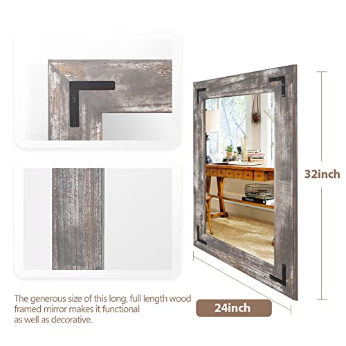 YOSHOOT Rustic Wooden Framed Wall Mirror, Natural Wood Bathroom Vanity Mirror for Farmhouse Decor, Vertical or Horizontal Hanging - color: Concrete Grey, size: 32"L x 24"W