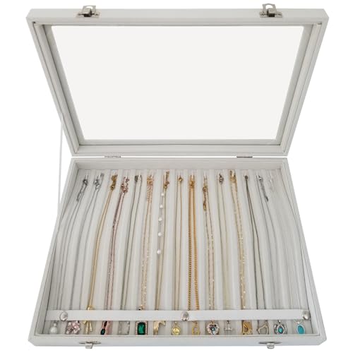 15-Hook Anti-Tangle Necklace Organizer Box with Divided Slots - color: Beige-15 necklaces