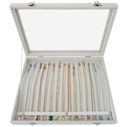 15-Hook Anti-Tangle Necklace Organizer Box with Divided Slots - color: Beige-15 necklaces