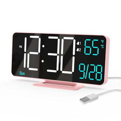 KOSUMOSU Clock for Bedroom, 6.7in Digital Alarm Clock, Auto Dimming, Room Temperature, Day of The Week, Seconds, Date, Alarm Clocks for Bedrooms, Digital Clocks for Living Room - color: Pink (White + Blue Digits)
