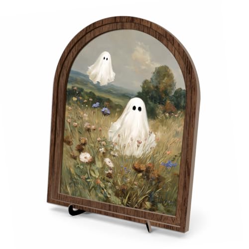 Vintage Meadow Ghosts Arched Wood Frame Decor, Rustic Halloween Wall Art - color: Color 14
