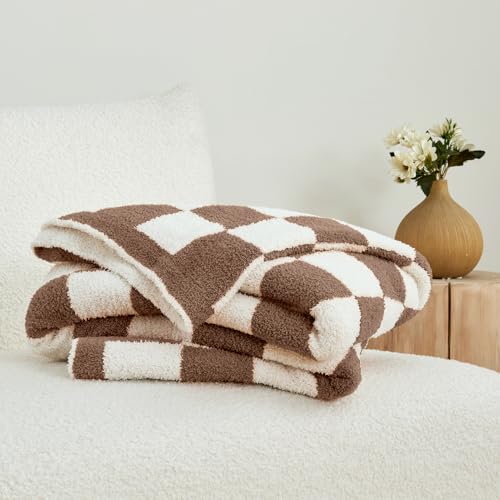 CozeCube Brown White Reversible Checkered Knit Throw Blanket 50"x60" - color: Dark Brown, size: 50"x60"