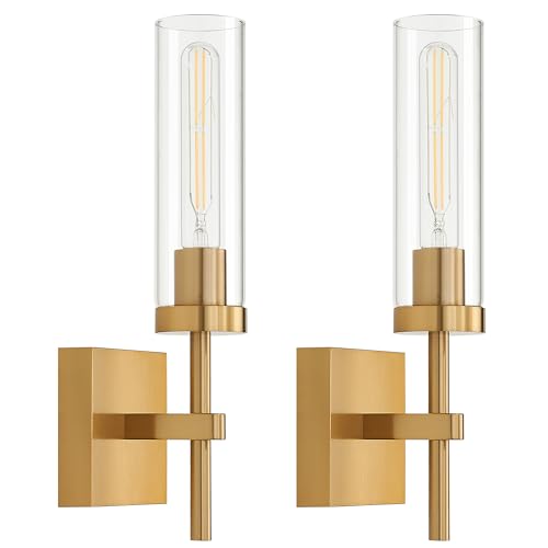 Gold Battery Operated Wall Sconce Set of 2, Wireless Wall Sconces with Remote Control, Rechargeable LED Dimmable Wall Light for Bedroom Bathroom Hallway Living room Entryway Stairwell, 3000K - color: Gold & Clear Glass, size: Battery 16 Inch